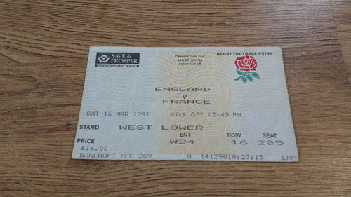England v France 1991 Rugby Ticket