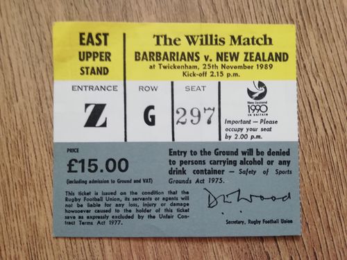 Barbarians v New Zealand 1989 Rugby Ticket