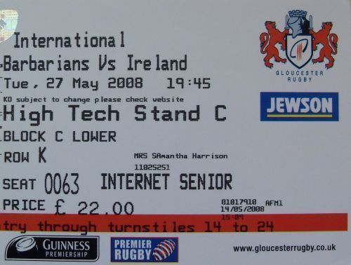 Barbarians v Ireland 2008 Rugby Ticket