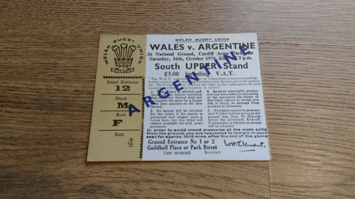 Wales v Argentina 1976 Rugby Ticket