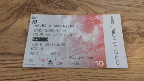 Wales v Argentina 2009 Rugby Ticket