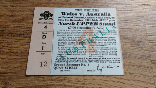 Wales v Australia 1981 Rugby Ticket