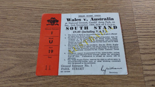 Wales v Australia 1984 Rugby Ticket