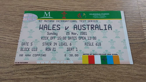 Wales v Australia 2001 Rugby Ticket