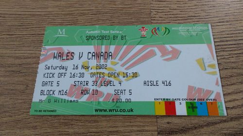Wales v Canada 2002 Rugby Ticket