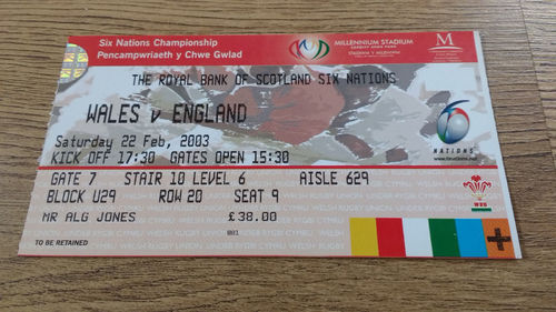 Wales v England 2003 Rugby Ticket