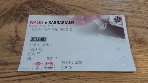 Wales v Barbarians 2012 Rugby Ticket
