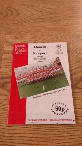Llanelli v Newport Mar 1992 Rugby Programme