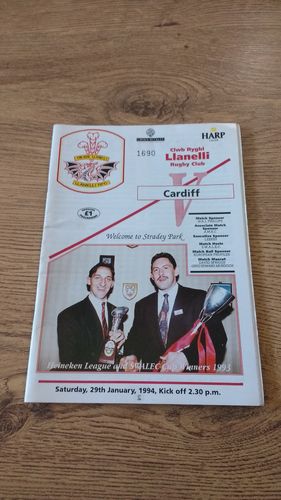 Llanelli v Cardiff Jan 1994 Rugby Programme
