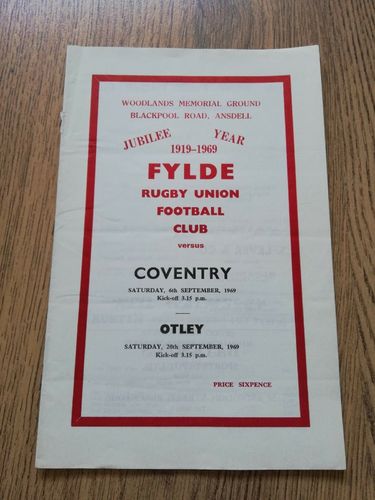 Fylde v Coventry Sept 1969 Rugby Programme