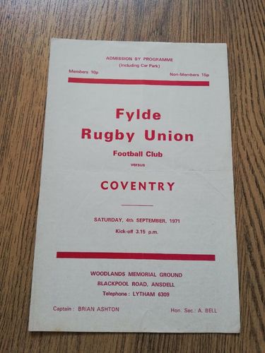 Fylde v Coventry Sept 1971 Rugby Programme