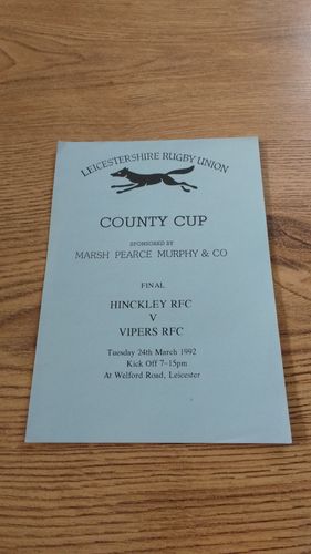 Hinckley v Vipers 1992 Leicestershire Cup Final Rugby Programme