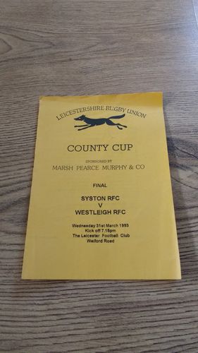 Syston v Westleigh 1993 Leicestershire Cup Final Rugby Programme
