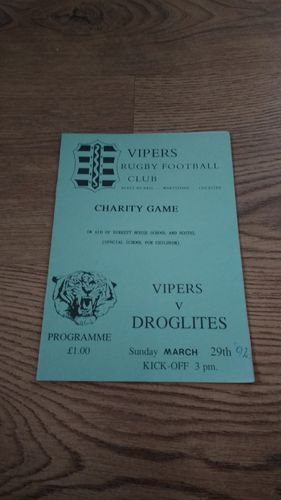Vipers v Droglites Mar 1992 Rugby Programme