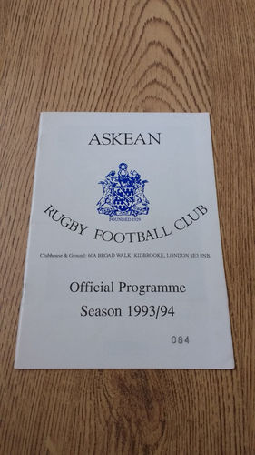 Askeans v Harrogate Mar 1994 Rugby Programme