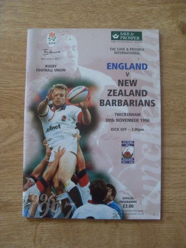 England v New Zealand Barbarians 1996 Rugby Programme