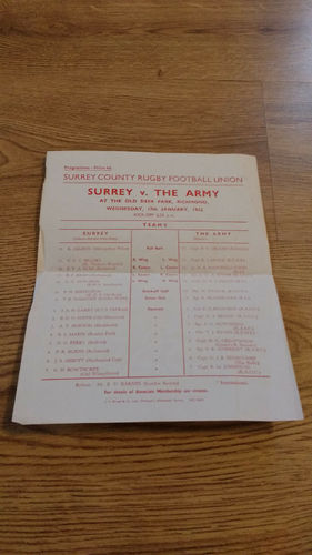 Surrey v The Army 1962 Rugby Programme
