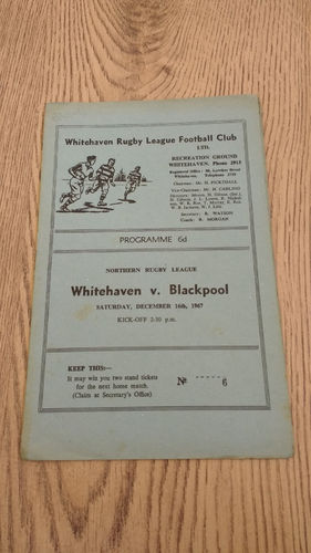 Whitehaven v Blackpool Dec 1967 Rugby League Programme