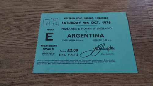 Midlands & North of England v Argentina 1976 Rugby Ticket