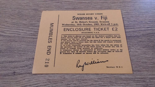 Swansea v Fiji 1985 Rugby Ticket