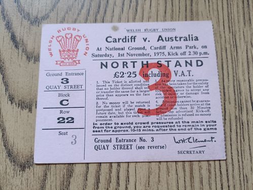 Cardiff v Australia 1975 Used Rugby Ticket