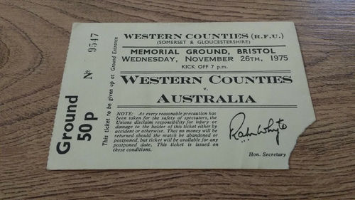 Western Counties v Australia 1975 Rugby Ticket