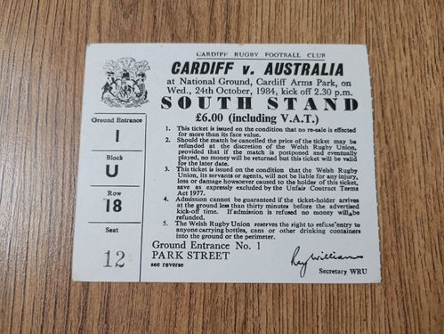 Cardiff v Australia 1984 Rugby Ticket
