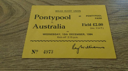 Pontypool v Australia 1984 Rugby Ticket