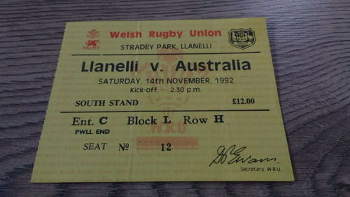 Llanelli v Australia 1992 Rugby Ticket
