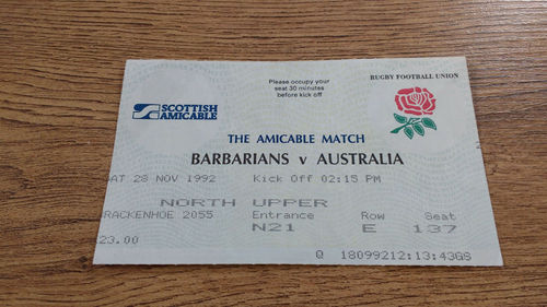 Barbarians v Australia 1992 Rugby Ticket