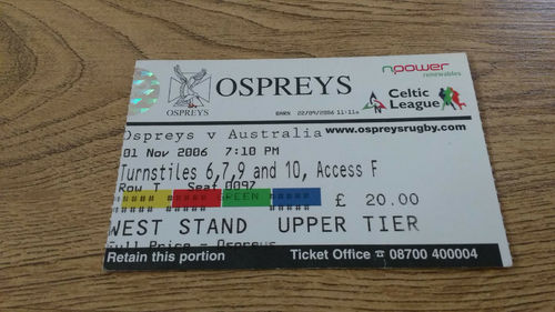 Ospreys v Australia 2006 Rugby Ticket
