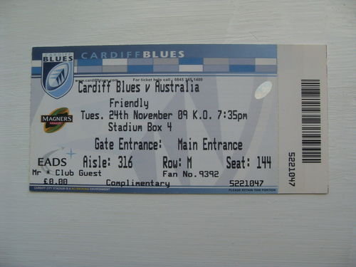 Cardiff Blues v Australia 2009 Rugby Ticket