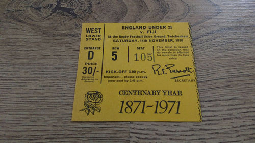 England Under 25 v Fiji 1970 Rugby Ticket
