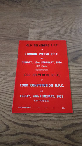 Old Belvedere v London Welsh \ Cork Feb 1976 Rugby Programme