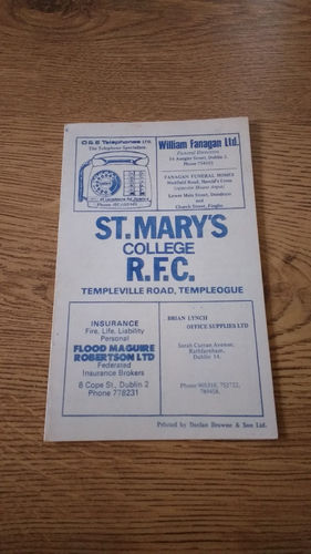 St Mary's College v Blackrock Oct 1980 Rugby Programme