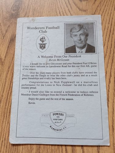 Wanderers v Greystones Sept 1993 Rugby Programme