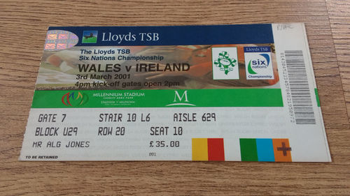 Wales v Ireland 2001 Rugby Ticket