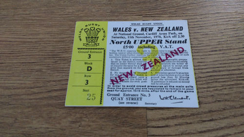 Wales v New Zealand 1978 Rugby Ticket