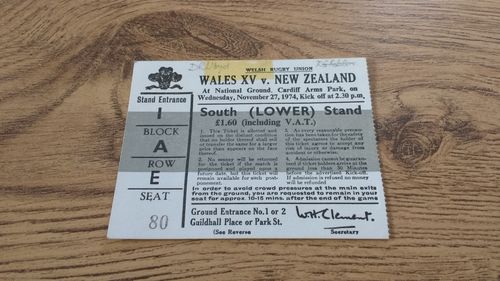 Wales XV v New Zealand 1974 Used Rugby Ticket