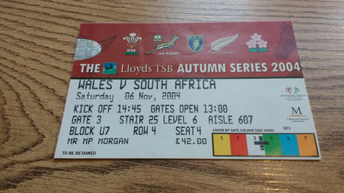 Wales v South Africa 2004 Rugby Ticket