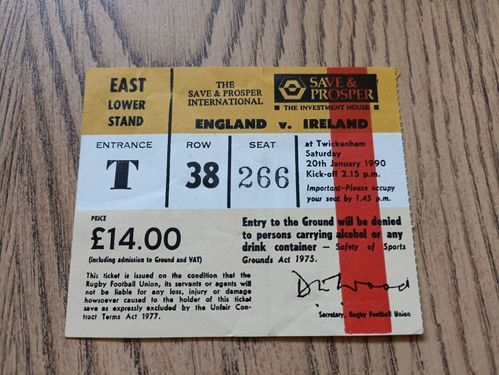 England v Ireland 1990 Used Rugby Ticket