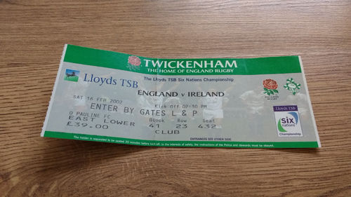 England v Ireland 2002 Rugby Ticket