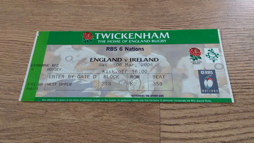 England v Ireland 2004 Rugby Ticket