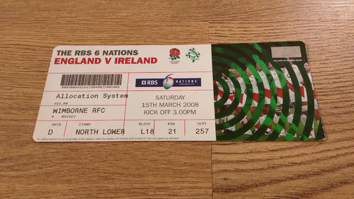 England v Ireland 2008 Rugby Ticket