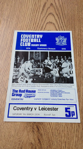 Coventry v Leicester Mar 1974 Rugby Programme