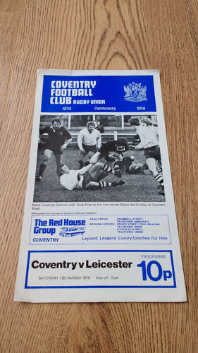 Coventry v Leicester Mar 1976 Rugby Programme