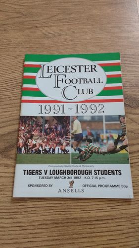 Leicester v Loughborough Students Mar 1992 Rugby Programme