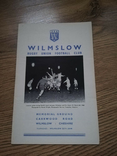 Wilmslow v Hartlepool Rovers Oct 1969 Rugby Programme