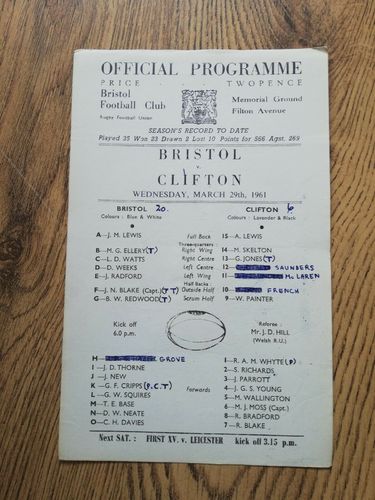 Bristol v Clifton (single sheet) Mar 1961 Rugby Teamsheet