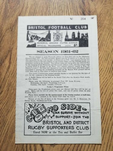 Bristol v Plymouth Albion Mar 1962 Rugby Programme